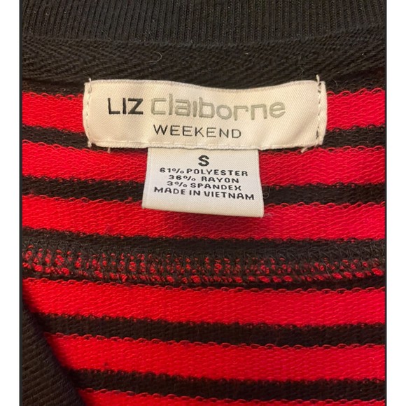 Liz Claiborne Weekend - Red and Black Striped Long Sleeve V Neck Top -Sz S - Picture 5 of 8